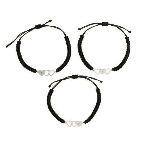 Bijoux bracelet en acier inoxydable, Acier inoxydable 304, avec corde de cire, fait à la main, trois pièces & pour femme & avec strass, noire, Longueur Environ 16-30 cm, Vendu par fixé