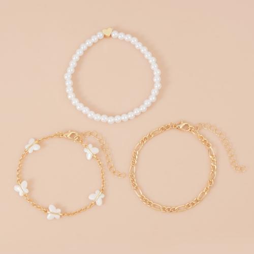 Pulseras para el Tobillo en Aleación de Zinc, con Nácar & Perlas plásticas, con 5cm extender cadena, tres piezas & diferentes estilos para la opción & para mujer, dorado, longitud aproximado 18 cm, Vendido por Set