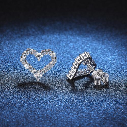 925 Sterling Sølv Stud Earring, med Moissanite (Moissanite), Heart, forskellig størrelse for valg & for kvinde & hule, Solgt af par