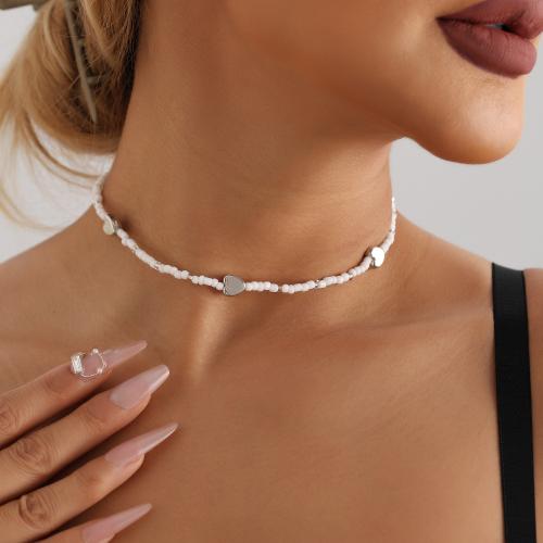 Seedbead collier, avec alliage de zinc, avec 1.9inch chaînes de rallonge, coeur, Placage de couleur platine, bijoux de mode & pour femme, Longueur Environ 13.3 pouce, Vendu par PC