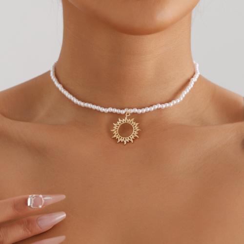 Plastic Pearl Necklace with Zinc Alloy with 1.9inch extender chain Sun gold color plated fashion jewelry & for woman & hollow Length Approx 16.1 Inch Sold By PC