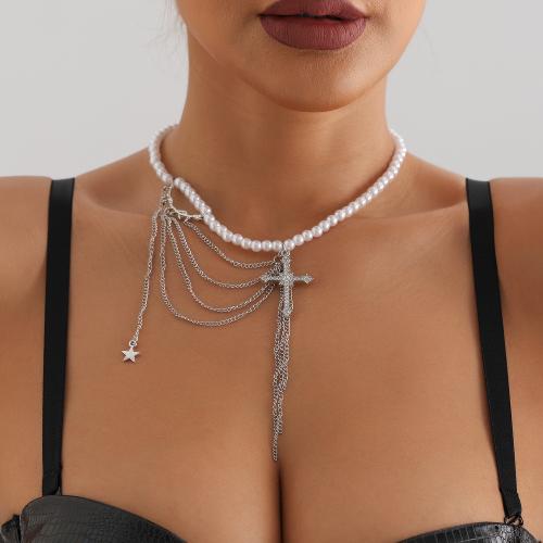 Zinc Alloy Necklace with Plastic Pearl with 1.9inch extender chain Cross platinum color plated for woman & with rhinestone Length Approx 18.1 Inch Sold By PC