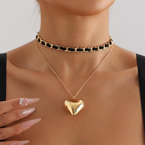 Zinc Alloy Necklace with PU Leather Heart gold color plated Double Layer & for woman Sold By PC