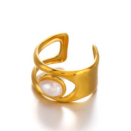 Stainless Steel Finger Ring 304 Stainless Steel with Plastic Pearl fashion jewelry & for woman & hollow golden Sold By PC