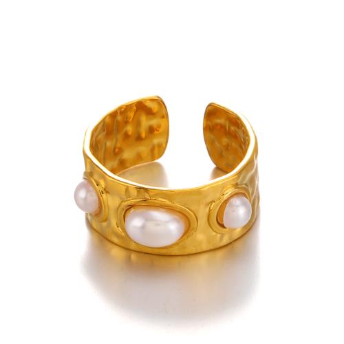 Stainless Steel Finger Ring 304 Stainless Steel with Plastic Pearl fashion jewelry & for woman golden Sold By PC