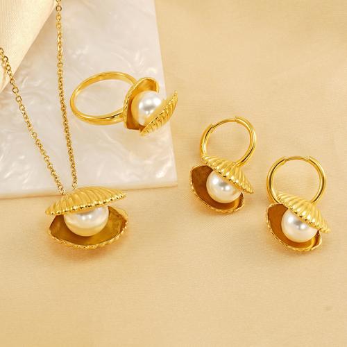 Fashion Stainless Steel Jewelry Sets 304 Stainless Steel with Plastic Pearl Shell 18K gold plated fashion jewelry & for woman Sold By PC