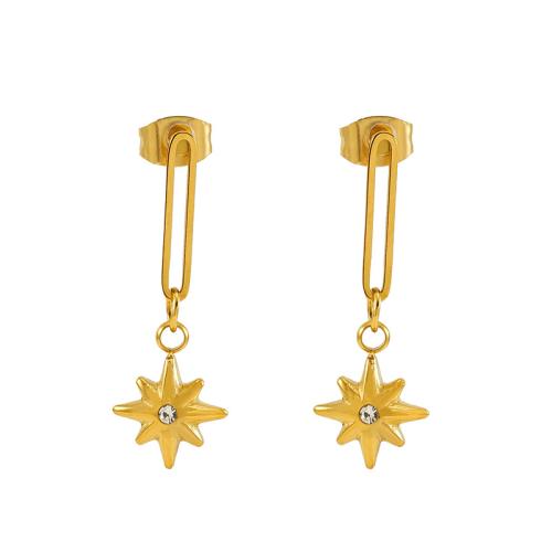 Roestvrij staal Stud Earrings, 304 roestvrij staal, Acht Point Star, 18K verguld, voor vrouw & met strass & hol, Verkocht door pair