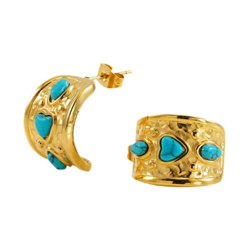 Stainless Steel Stud Earrings 304 Stainless Steel with turquoise 18K gold plated fashion jewelry & for woman Sold By Pair