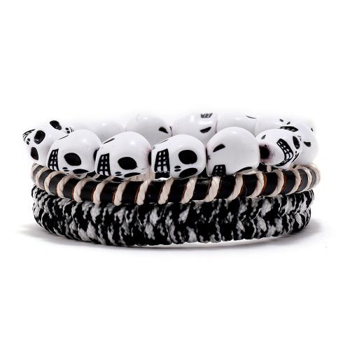 Cowhide Bracelet with Wax Cord & Polyester Cord & Plastic with 8-9cm extender chain handmade three pieces & fashion jewelry & for man white and black Length Approx 17-18 cm Sold By Set