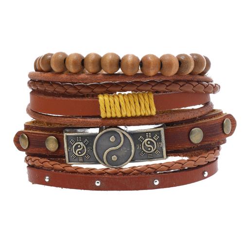 Cowhide Bracelet with Wax Cord & Wood & Zinc Alloy with 8-9cm extender chain handmade 5 pieces & fashion jewelry & for man Length 17-18 cm Sold By Set