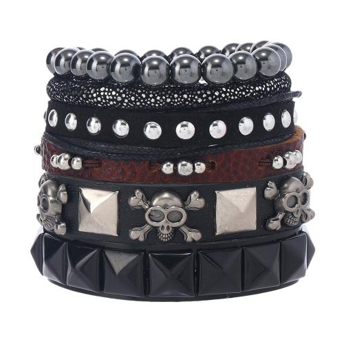 Bracelet de cuir de vachette, cuir de peau de vache, avec cuir PU & corde de cire & Hématite & alliage de zinc, fait à la main, 6 pièces & bijoux de mode & pour homme, noire, Vendu par fixé