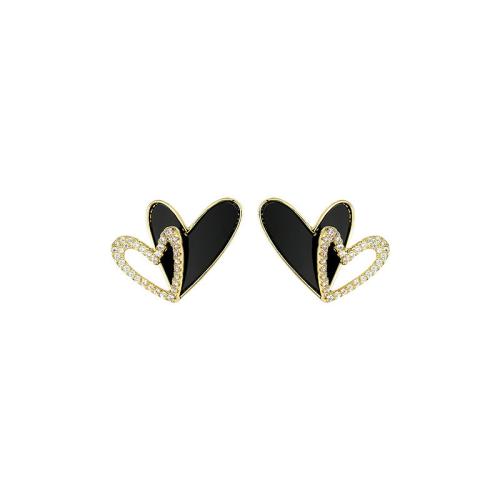 Zinc Alloy Stud Earring Heart plated for woman & enamel & with rhinestone & hollow Sold By Pair