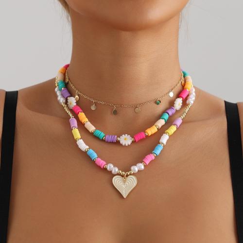 Zinc Alloy Necklace with Polymer Clay & Plastic Pearl Heart gold color plated three layers & Bohemian style & for woman Sold By PC