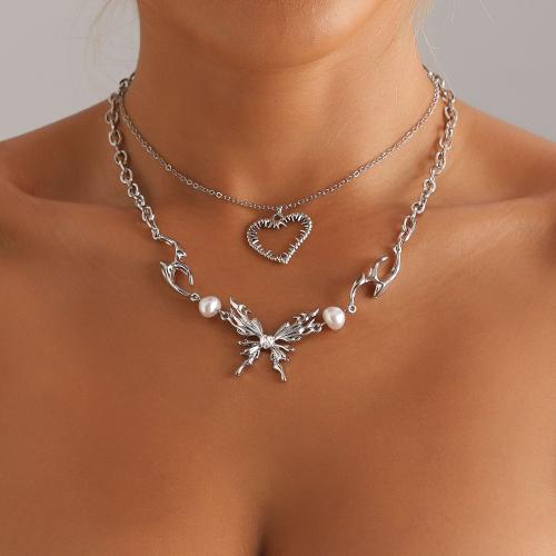 Zinc Alloy Necklace with Plastic Pearl Butterfly platinum color plated Double Layer & for woman & with rhinestone Sold By PC