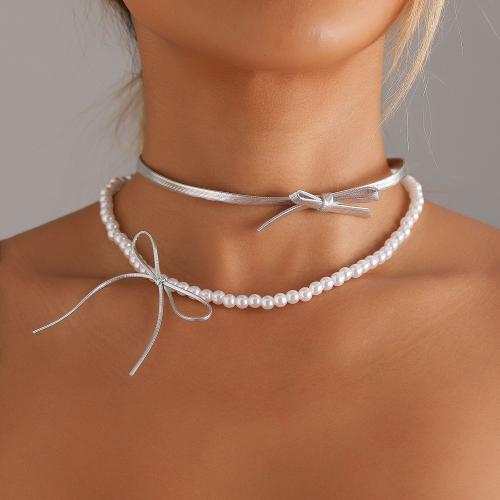 Plastic Pearl Necklace with PU Leather Bowknot Double Layer & for woman Sold By PC