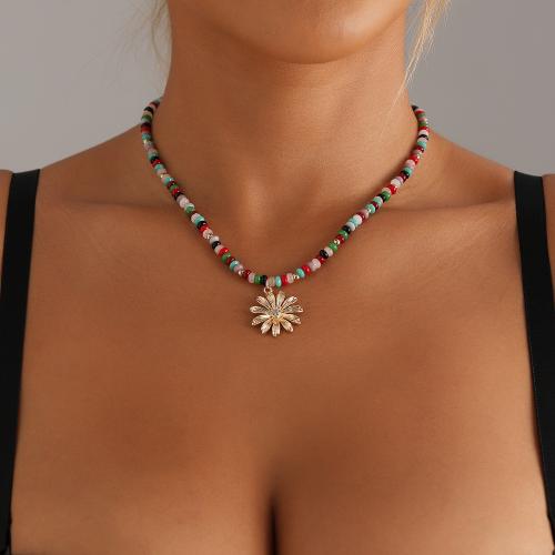 lega in zinco collana, with Seedbead, with 1.9inch extender chain, Fiore, placcato color oro, per la donna & con strass, Lunghezza Appross. 16.5 pollice, Venduto da PC