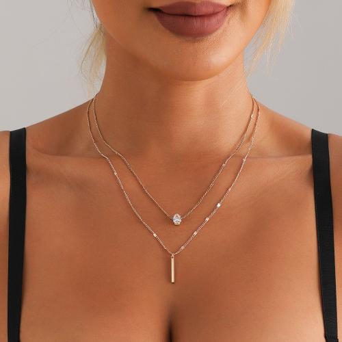 alliage de zinc collier, Placage de couleur d'or, Double couche & pour femme & avec zircone cubique, Vendu par PC