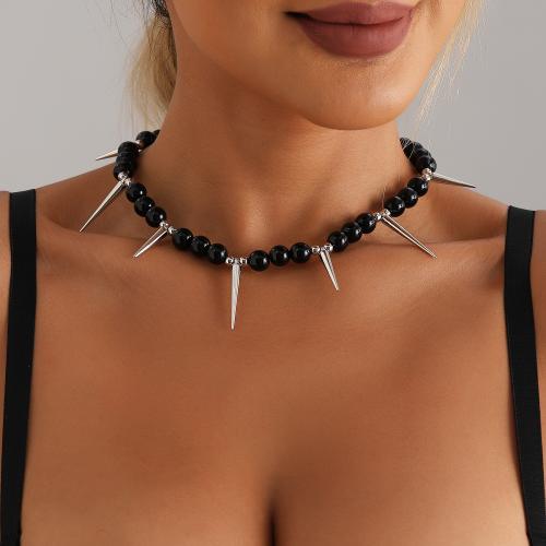 alliage de zinc collier, avec résine, avec 1.9inch chaînes de rallonge, Placage de couleur platine, le style de punk & pour femme, Longueur Environ 16.5 pouce, Vendu par PC