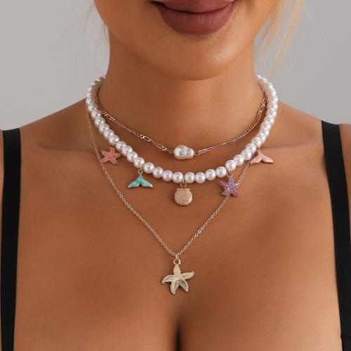 alliage de zinc collier, avec perle de plastique, Placage de couleur d'or, multicouche & Style bohème & conception océan & pour femme & émail, Vendu par PC