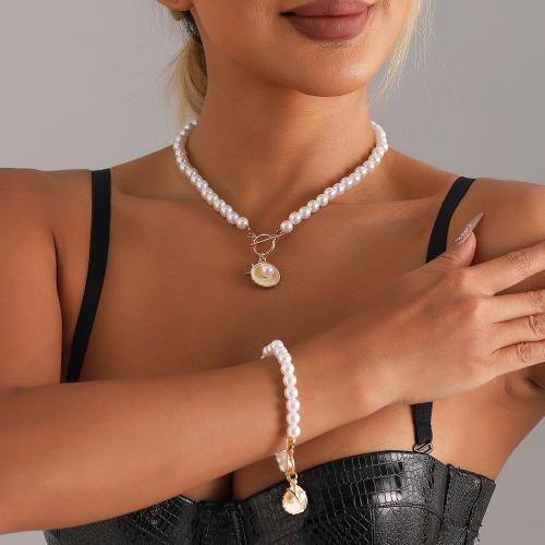 Zinc Alloy Bracelet and Necklace with Plastic Pearl gold color plated & for woman Sold By PC