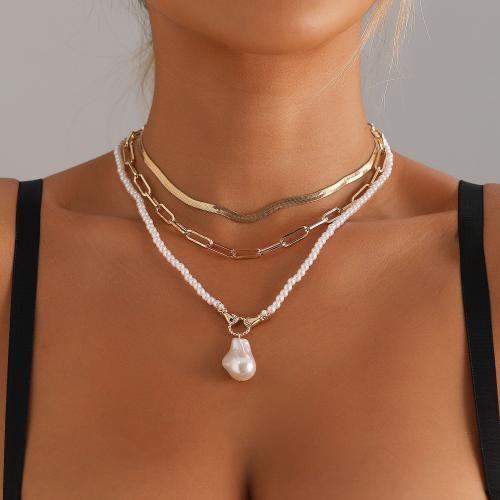 Zinc Alloy Necklace with Plastic Pearl gold color plated multilayer & for woman Sold By PC