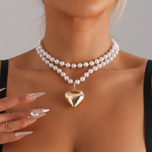 alliage de zinc collier, avec perle de plastique, coeur, Placage de couleur d'or, Double couche & pour femme, Vendu par PC