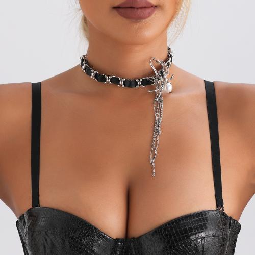 Zinc Alloy Necklace with PU Leather & Plastic Pearl with 3.9inch extender chain Spider platinum color plated gothic style & for woman Length Approx 14.1 Inch Sold By PC