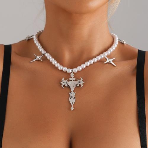 Zinc Alloy Necklace with Plastic Pearl with 1.9inch extender chain Cross platinum color plated for woman & with rhinestone Length Approx 16.5 Inch Sold By PC