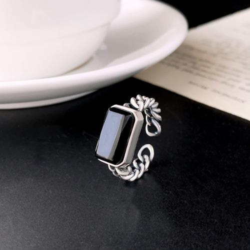 Sterling Silver Jewelry Finger Ring, 925 Sterling Silver, le Agate Black, jewelry faisin & do bhean, 8x14mm, Díolta De réir PC