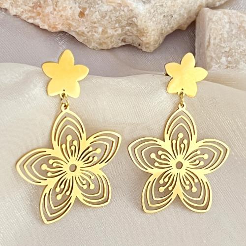 Stainless Steel Drop Earring 304 Stainless Steel Flower 18K gold plated fashion jewelry & for woman & hollow golden Sold By Pair