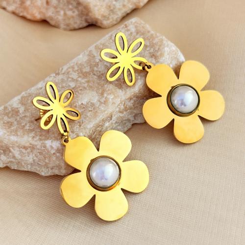 Stainless Steel Drop Earring 304 Stainless Steel with Plastic Pearl Flower fashion jewelry & for woman golden 50mm Sold By Pair