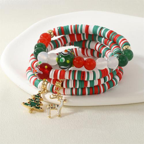 Bracelet de vacances de Noël, laiton, avec argile de polymère & pierre gemme, Placage de couleur d'or, styles différents pour le choix & pavé de micro zircon & pour femme & émail, plus de couleurs à choisir, protéger l'environnement, sans nickel, plomb et cadmium, Vendu par PC