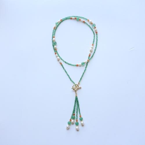 Natural Gemstone Necklace with Freshwater Pearl & Brass fashion jewelry green Length 70 cm Sold By PC