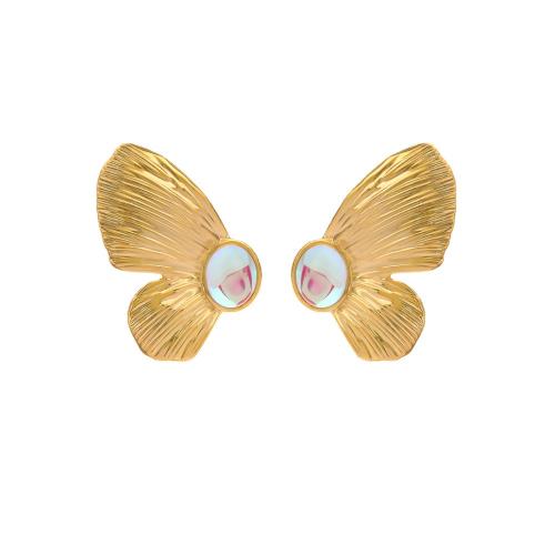 Stainless Steel Stud Earrings 304 Stainless Steel with Resin Butterfly plated fashion jewelry & for woman golden Sold By Pair