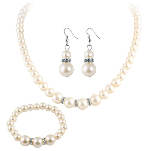 Zinc Alloy Jewelry Sets Plastic Pearl with Zinc Alloy & for woman & with rhinestone white Sold By PC