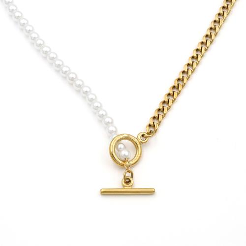 Stainless Steel Jewelry Necklace 304 Stainless Steel with Plastic Pearl plated for woman gold Sold By PC