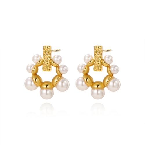 Stainless Steel Stud Earrings 304 Stainless Steel with Plastic Pearl plated & for woman gold Sold By Pair