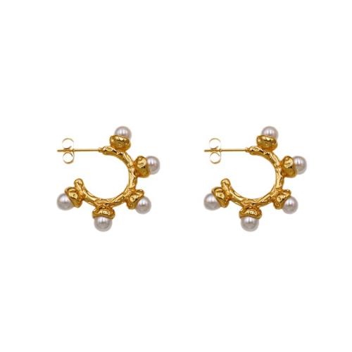 Stainless Steel Stud Earrings 304 Stainless Steel with Plastic Pearl plated for woman gold Sold By Pair