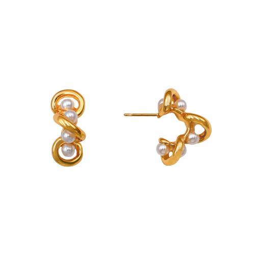 Roestvrij staal Stud Earrings, 304 roestvrij staal, met Plastic Pearl, plated, voor vrouw, goud, Verkocht door pair