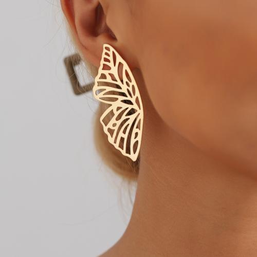 Zinc Alloy Stud Earring Butterfly gold color plated punk style & for woman & hollow 62mm Sold By Pair