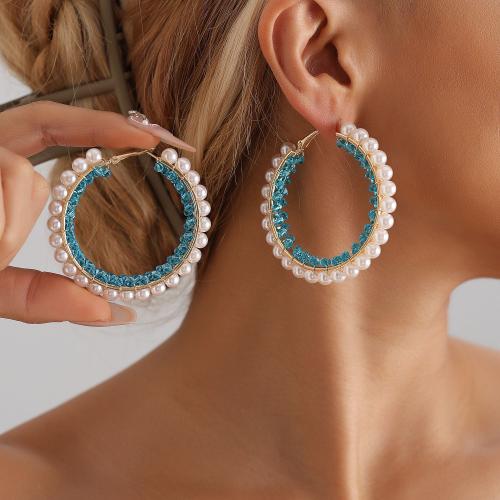 Zinc Alloy Hoop Earring with Crystal & Plastic Pearl Donut gold color plated folk style & for woman 60mm Sold By Pair