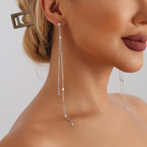 Zinc Alloy Tassel Earring for woman & with rhinestone silver color 160mm Sold By Pair