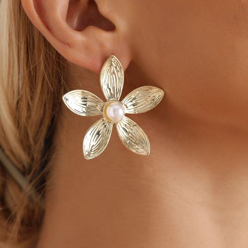 Zinc Alloy Stud Earring with Plastic Pearl Flower gold color plated fashion jewelry & for woman 45mm Sold By Pair