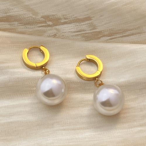 Huggie Hoop Drop Earring 304 Stainless Steel with Plastic Pearl fashion jewelry & for woman golden Sold By Pair