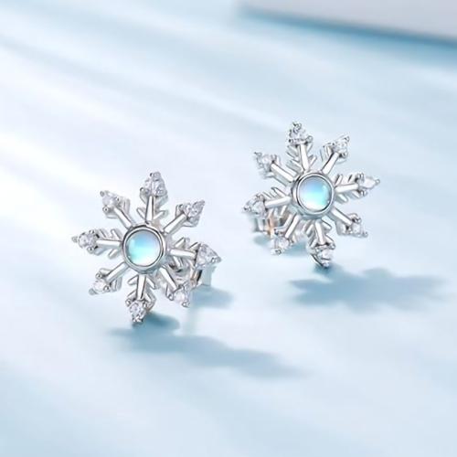 Cubic Zirconia Micro Pave Brass Earring with Moonstone Snowflake fashion jewelry & micro pave cubic zirconia & for woman 17mm Sold By Pair