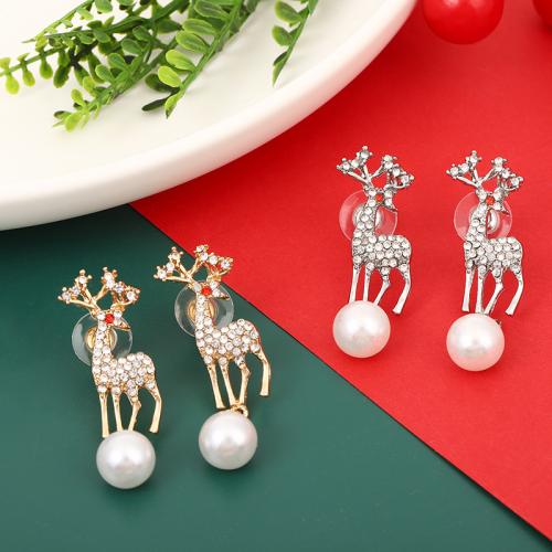 Christmas Earrings Zinc Alloy with Plastic Pearl Deer fashion jewelry & for woman & with rhinestone Sold By Pair