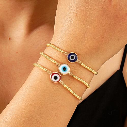 Bracelet Evil Eye bijoux, laiton, avec Cordon de noeud, Rond, Placage de couleur d'or, motif de mauvais œil & styles différents pour le choix & pour femme & émail, plus de couleurs à choisir, protéger l'environnement, sans nickel, plomb et cadmium, Vendu par PC