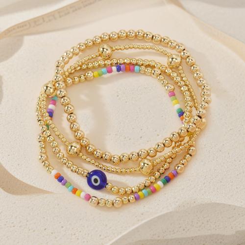 Brass Bracelet & Bangle with Seedbead & Glass gold color plated evil eye pattern & for woman nickel lead & cadmium free Sold By PC