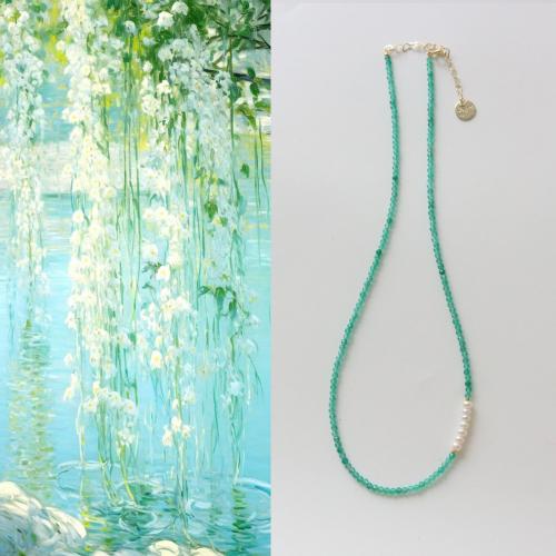 Natural Gemstone Necklace with Freshwater Pearl & Brass with 6cm extender chain fashion jewelry green Length 40 cm Sold By PC