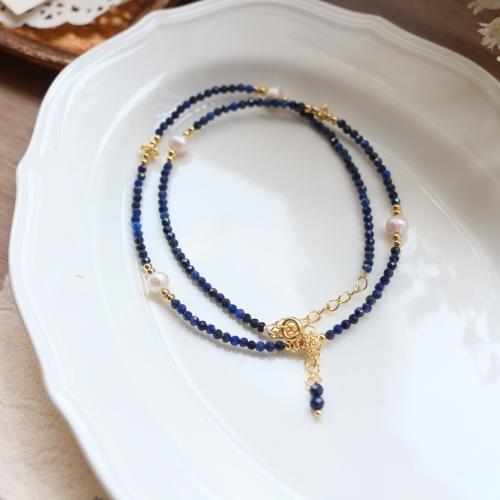 Natural Gemstone Necklace with Freshwater Pearl & Brass with 5cm extender chain fashion jewelry blue Length 39 cm Sold By PC